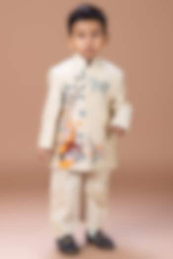 Beige Cotton Silk Thread Hand Embroidered Sherwani Set For Boys by LITTLE BRATS at Pernia's Pop Up Shop