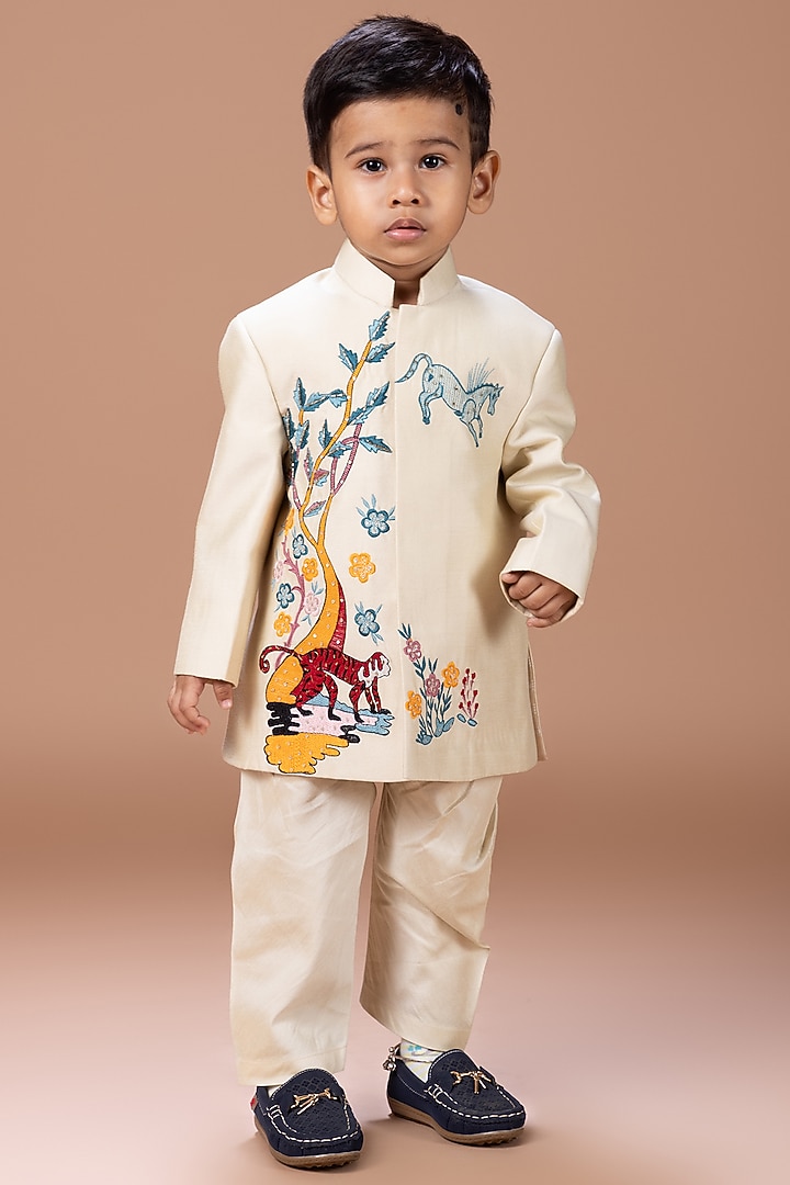 Beige Cotton Silk Thread Hand Embroidered Sherwani Set For Boys by LITTLE BRATS at Pernia's Pop Up Shop