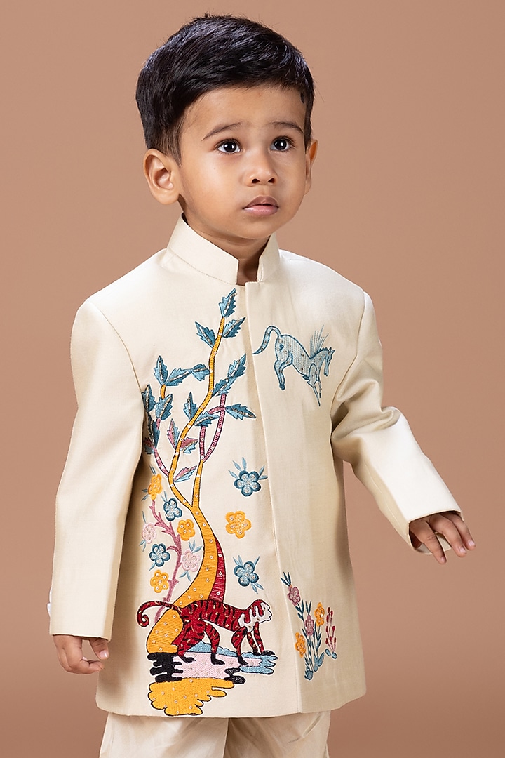 Beige Cotton Silk Thread Hand Embroidered Sherwani Set For Boys by LITTLE BRATS at Pernia's Pop Up Shop