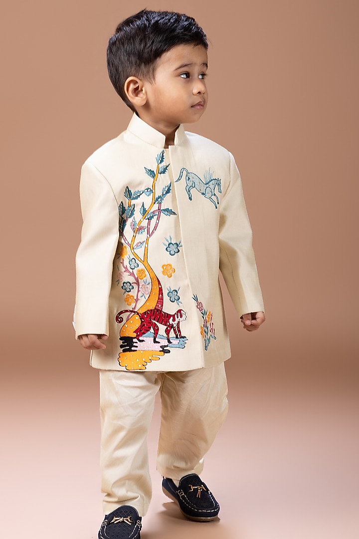 Beige Cotton Silk Thread Hand Embroidered Sherwani Set For Boys by LITTLE BRATS at Pernia's Pop Up Shop