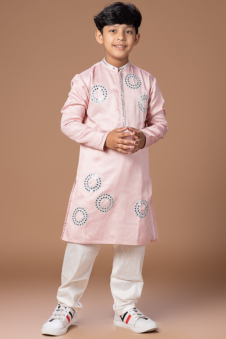 Powder Pink Satin MIrror Embroidered Kurta Set For Boys by LITTLE BRATS at Pernia's Pop Up Shop