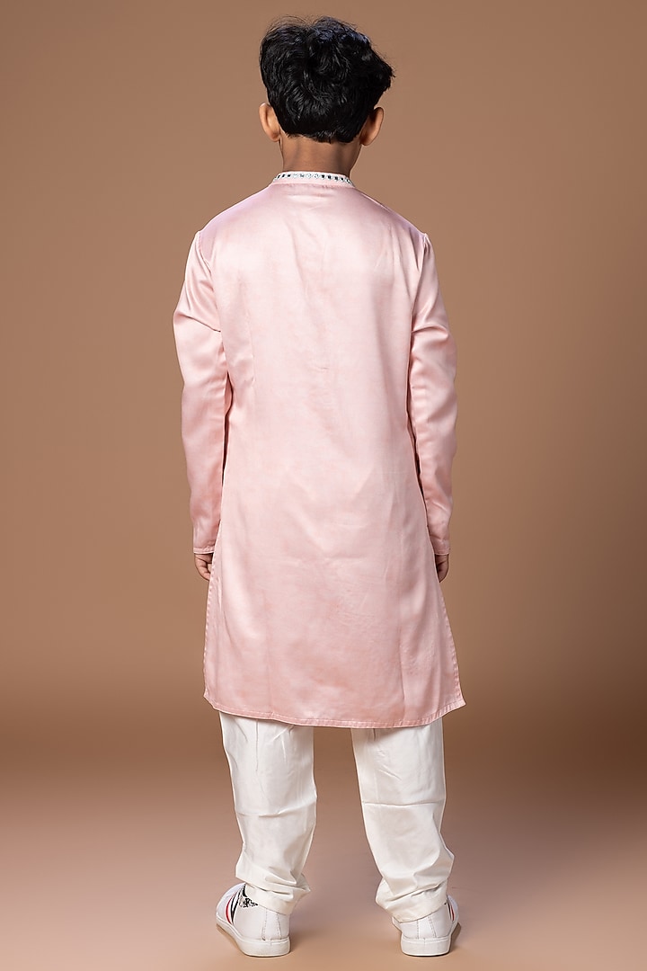 Powder Pink Satin MIrror Embroidered Kurta Set For Boys by LITTLE BRATS at Pernia's Pop Up Shop