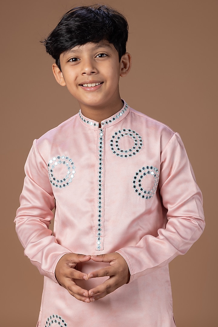 Powder Pink Satin MIrror Embroidered Kurta Set For Boys by LITTLE BRATS at Pernia's Pop Up Shop