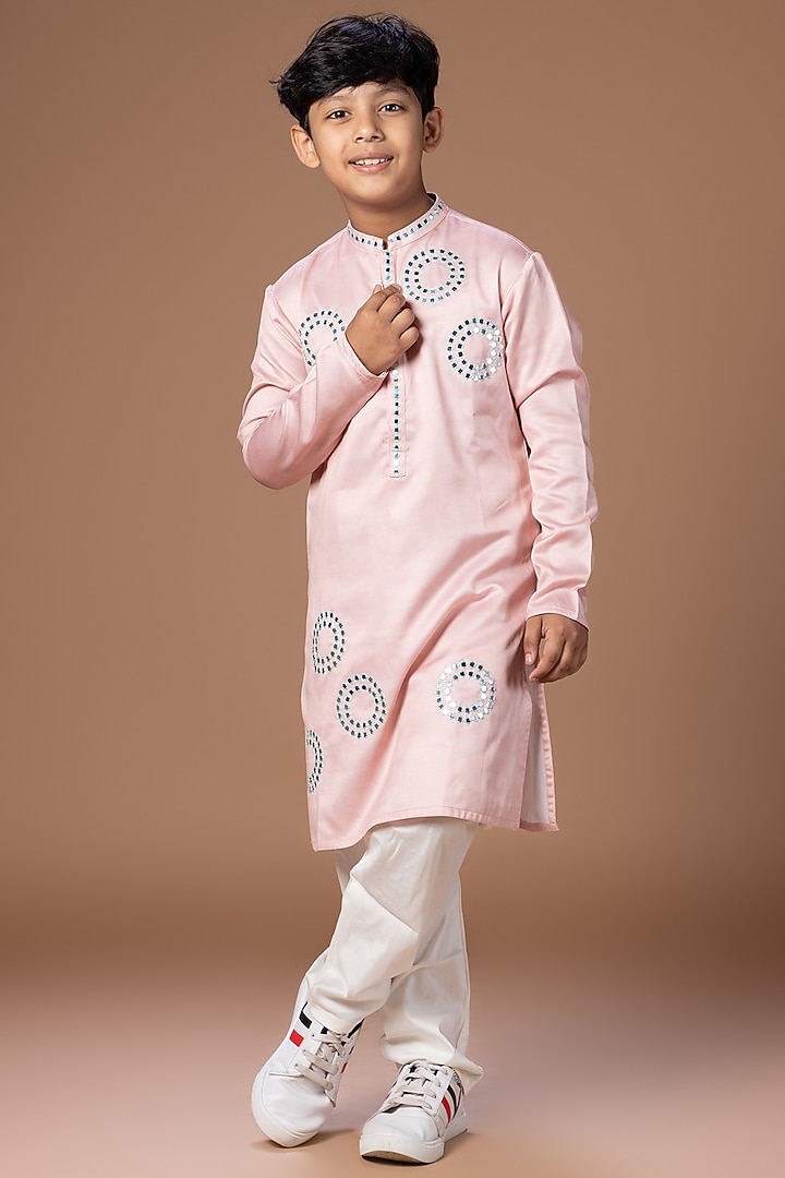 Powder Pink Satin MIrror Embroidered Kurta Set For Boys by LITTLE BRATS at Pernia's Pop Up Shop