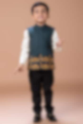 Bottle Green Cotton Blend Sequin Embroidered Nehru Jacket Set For Boys by LITTLE BRATS at Pernia's Pop Up Shop