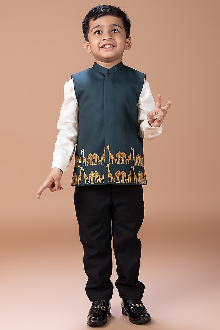 Bottle Green Cotton Blend Sequin Embroidered Nehru Jacket Set For Boys by LITTLE BRATS at Pernia's Pop Up Shop