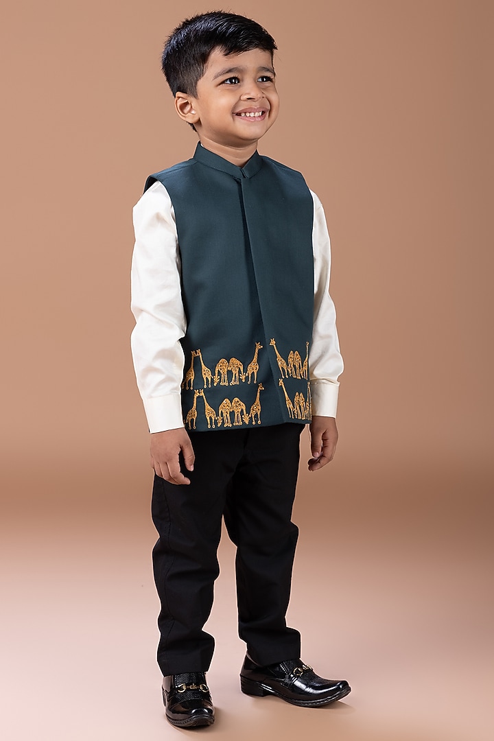 Bottle Green Cotton Blend Sequin Embroidered Nehru Jacket Set For Boys by LITTLE BRATS at Pernia's Pop Up Shop