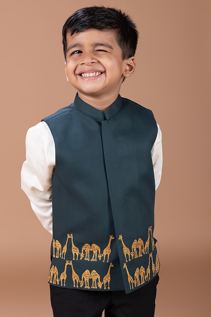 Bottle Green Cotton Blend Sequin Embroidered Nehru Jacket Set For Boys by LITTLE BRATS at Pernia's Pop Up Shop