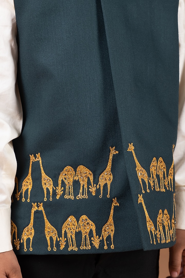 Bottle Green Cotton Blend Sequin Embroidered Nehru Jacket Set For Boys by LITTLE BRATS at Pernia's Pop Up Shop