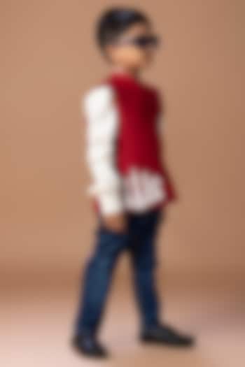 Maroon Cotton Blend Thread Embroidered Nehru Jacket Set For Boys by LITTLE BRATS at Pernia's Pop Up Shop