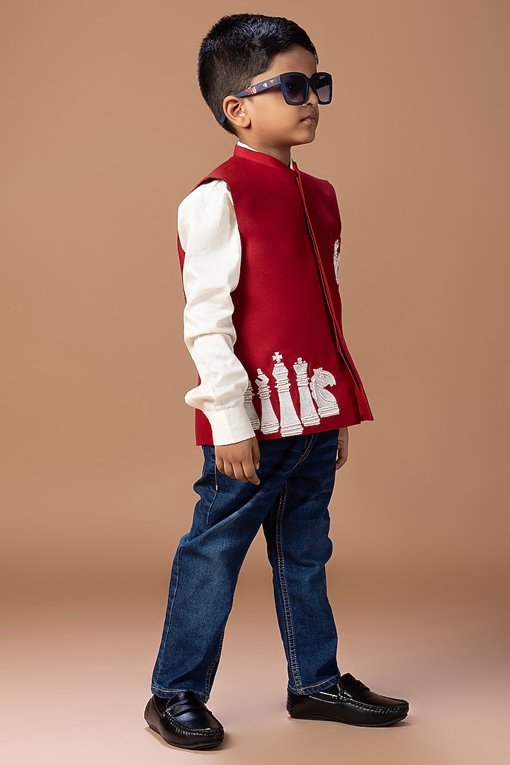 Maroon Cotton Blend Thread Embroidered Nehru Jacket Set For Boys by LITTLE BRATS at Pernia's Pop Up Shop