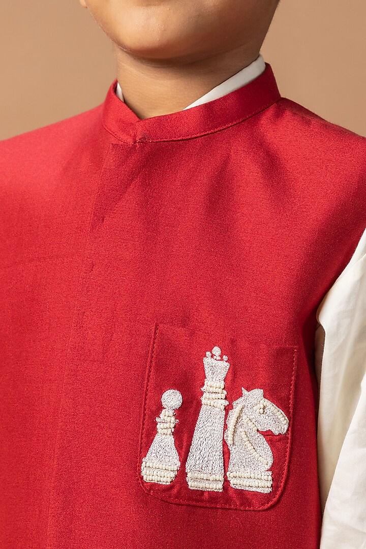 Maroon Cotton Blend Thread Embroidered Nehru Jacket Set For Boys by LITTLE BRATS at Pernia's Pop Up Shop