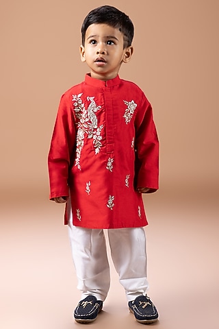 Red Cotton Silk Floral Zari Embroidered Kurta Set For Boys by LITTLE BRATS
