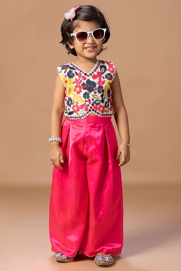 Bright Pink Cotton Silk Palazzo Set For Girls by LITTLE BRATS at Pernia's Pop Up Shop