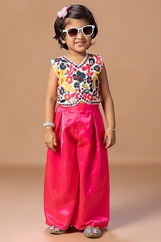 Bright Pink Cotton Silk Palazzo Set For Girls by LITTLE BRATS