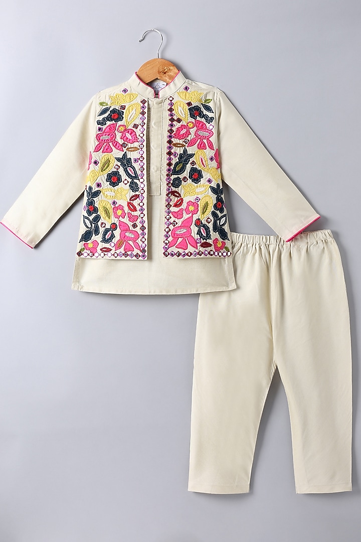 Multi-Colored Cotton Silk Floral Embroidered Jacket Set For Boys by LITTLE BRATS at Pernia's Pop Up Shop