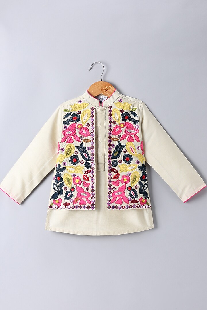 Multi-Colored Cotton Silk Floral Embroidered Jacket Set For Boys by LITTLE BRATS at Pernia's Pop Up Shop