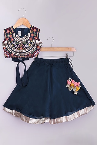 Dark Blue Cotton Silk Gharara Set For Girls by LITTLE BRATS
