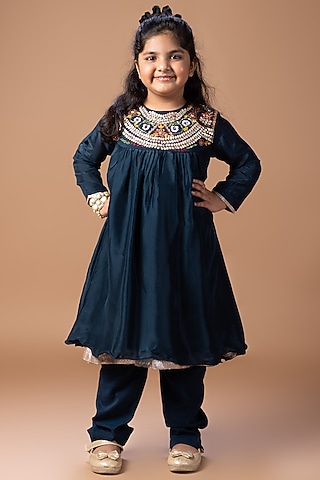 Dark Blue Cotton Silk Floral Thread Embroidered Kurta Set For Girls by LITTLE BRATS