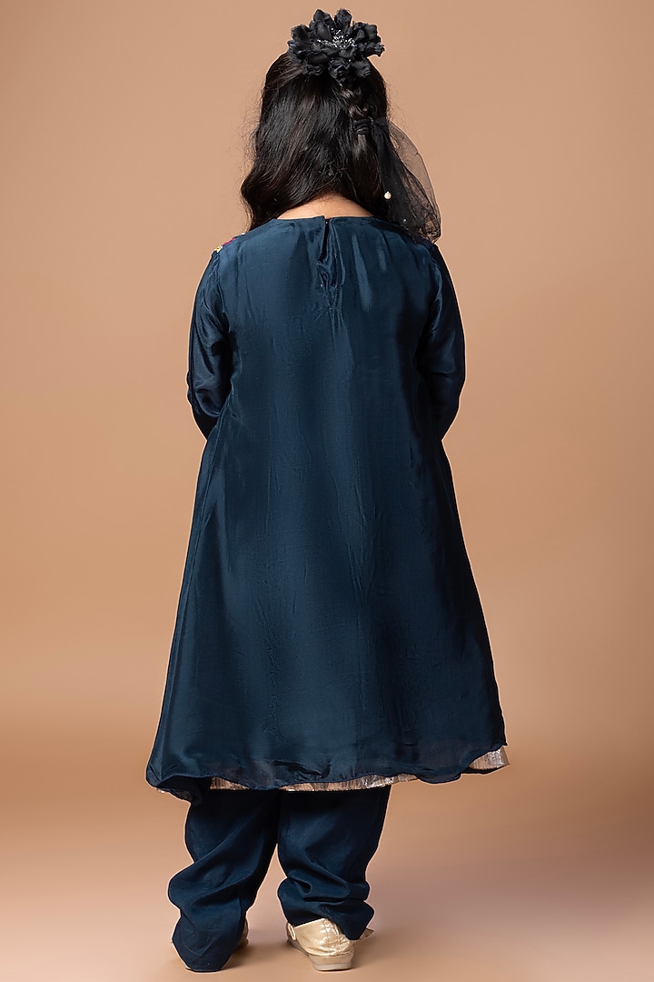 Dark Blue Cotton Silk Floral Thread Embroidered Kurta Set For Girls by LITTLE BRATS at Pernia's Pop Up Shop