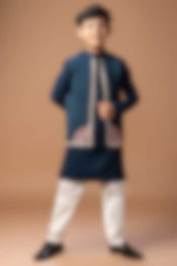 Dark Blue Cotton Silk Thread Embroidered Nehru Jacket Set For Boys by LITTLE BRATS at Pernia's Pop Up Shop