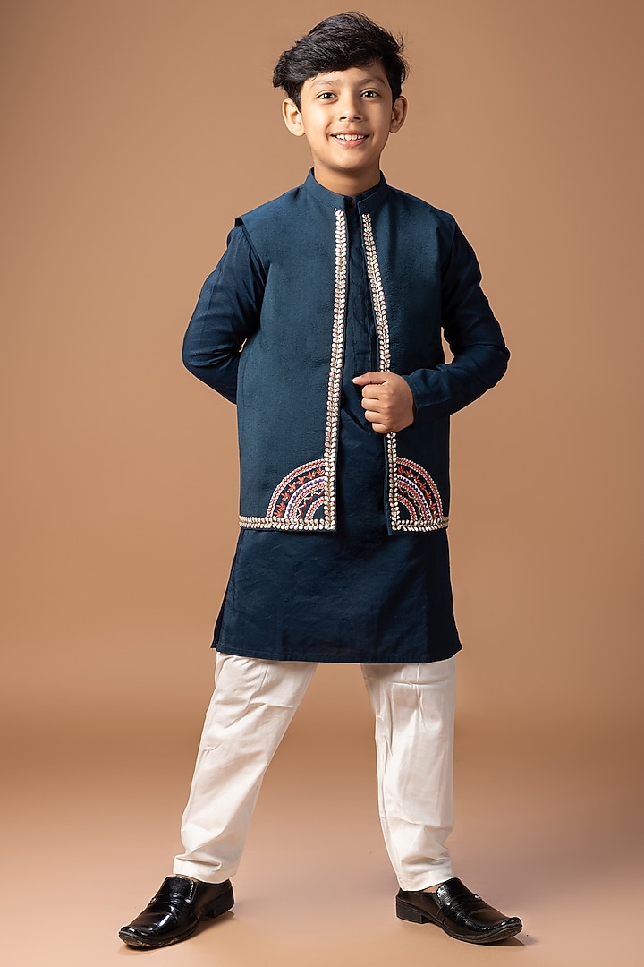 Dark Blue Cotton Silk Thread Embroidered Nehru Jacket Set For Boys by LITTLE BRATS at Pernia's Pop Up Shop