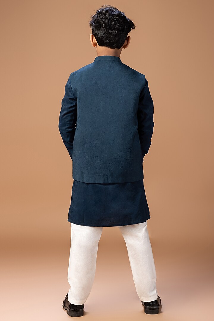 Dark Blue Cotton Silk Thread Embroidered Nehru Jacket Set For Boys by LITTLE BRATS at Pernia's Pop Up Shop