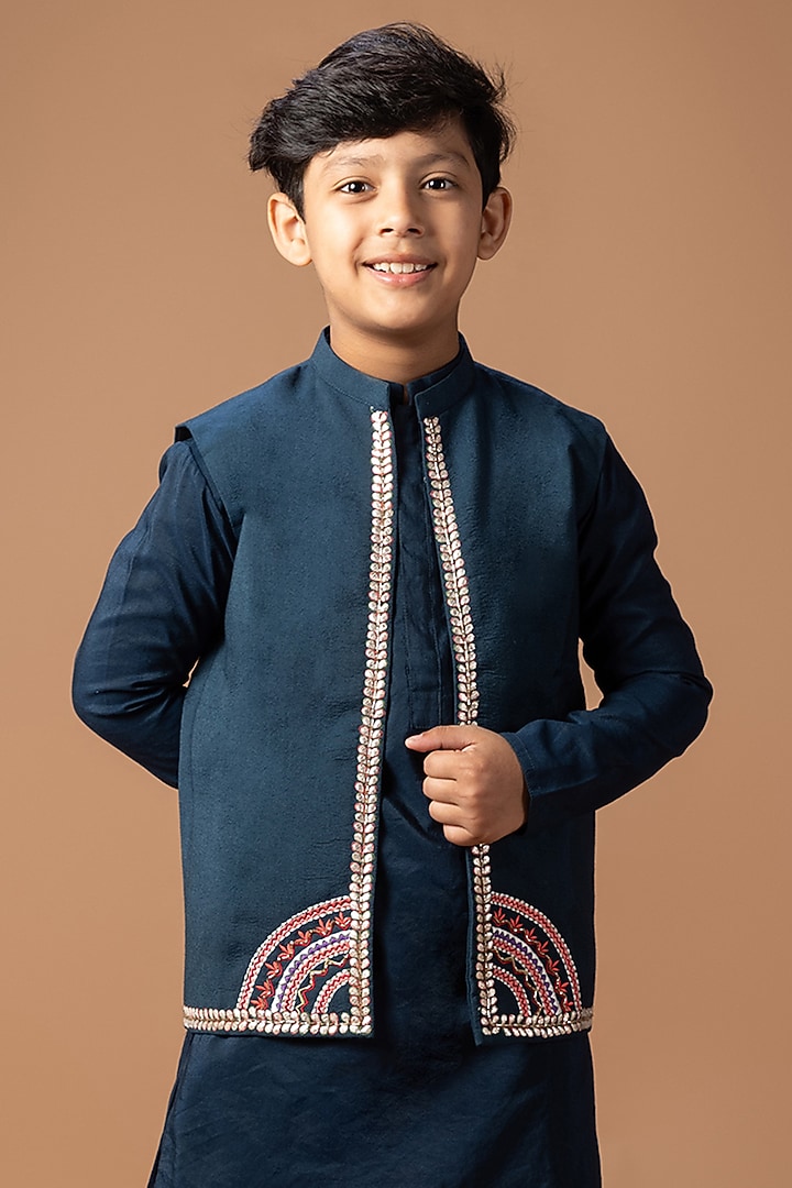 Dark Blue Cotton Silk Thread Embroidered Nehru Jacket Set For Boys by LITTLE BRATS at Pernia's Pop Up Shop