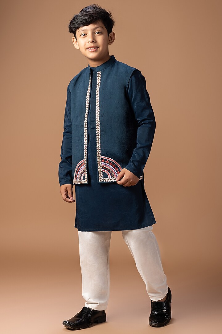 Dark Blue Cotton Silk Thread Embroidered Nehru Jacket Set For Boys by LITTLE BRATS at Pernia's Pop Up Shop