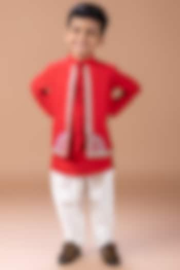 Dark Red Cotton Silk Thread Embroidered Nehru Jacket Set For Boys by LITTLE BRATS at Pernia's Pop Up Shop