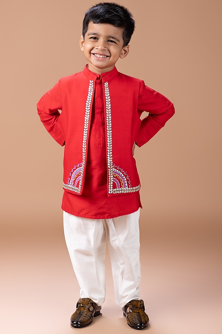 Dark Red Cotton Silk Thread Embroidered Nehru Jacket Set For Boys by LITTLE BRATS at Pernia's Pop Up Shop