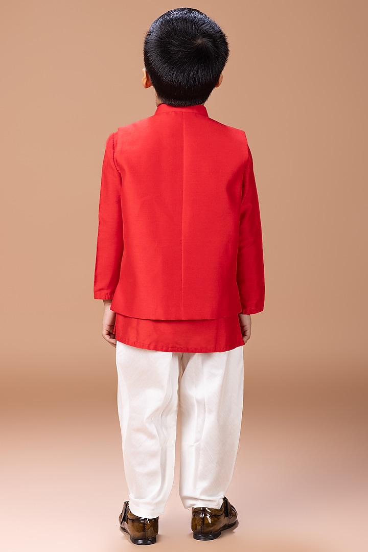Dark Red Cotton Silk Thread Embroidered Nehru Jacket Set For Boys by LITTLE BRATS at Pernia's Pop Up Shop