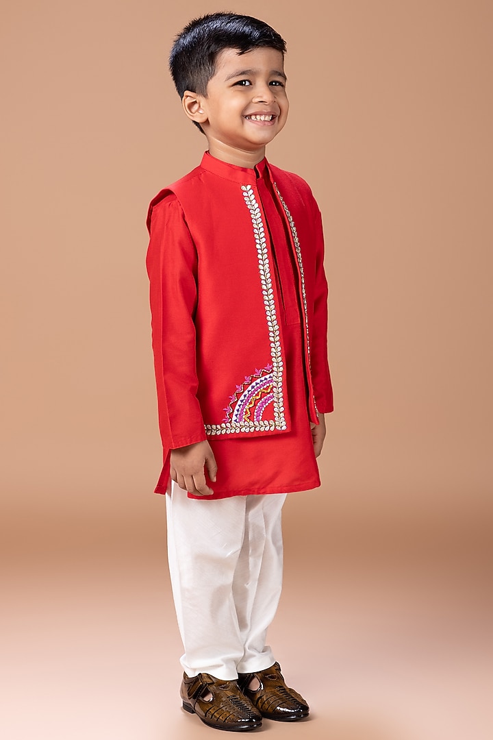 Dark Red Cotton Silk Thread Embroidered Nehru Jacket Set For Boys by LITTLE BRATS at Pernia's Pop Up Shop