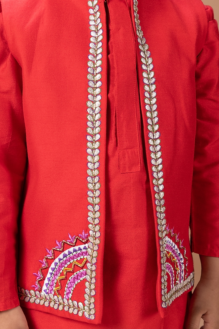 Dark Red Cotton Silk Thread Embroidered Nehru Jacket Set For Boys by LITTLE BRATS at Pernia's Pop Up Shop