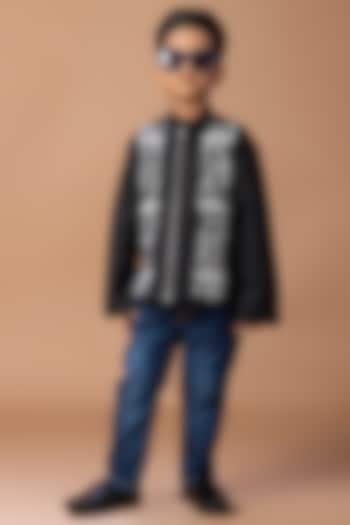 Black Cotton Blend Embroidered Bomber Jacket For Boys by LITTLE BRATS at Pernia's Pop Up Shop