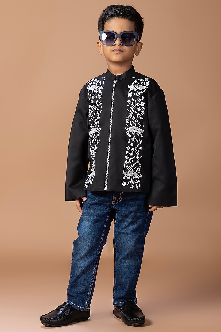Black Cotton Blend Embroidered Bomber Jacket For Boys by LITTLE BRATS at Pernia's Pop Up Shop