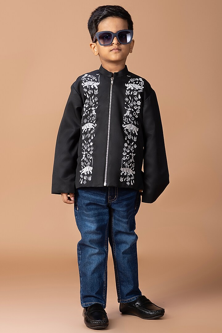 Black Cotton Blend Embroidered Bomber Jacket For Boys by LITTLE BRATS at Pernia's Pop Up Shop