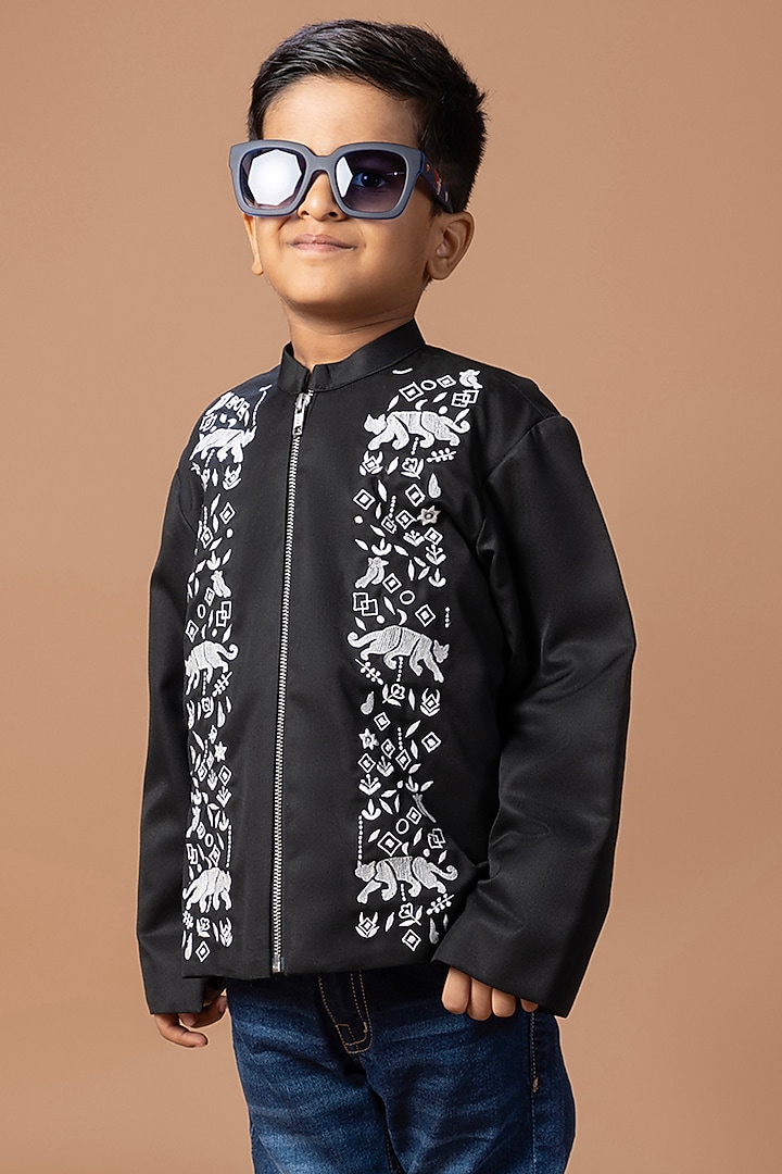 Black Cotton Blend Embroidered Bomber Jacket For Boys by LITTLE BRATS at Pernia's Pop Up Shop