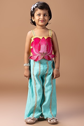 Aqua Green Cotton Silk Palazzo Set For Girls by LITTLE BRATS