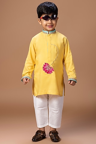 Yellow Cotton Silk Cutdana Embroidered Kurta Set For Boys by LITTLE BRATS