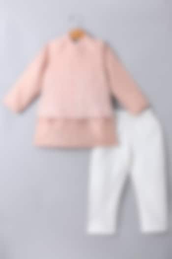 Peach Cotton Silk Hand Painted & Embroidered Nehru Jacket Set For Boys by LITTLE BRATS at Pernia's Pop Up Shop