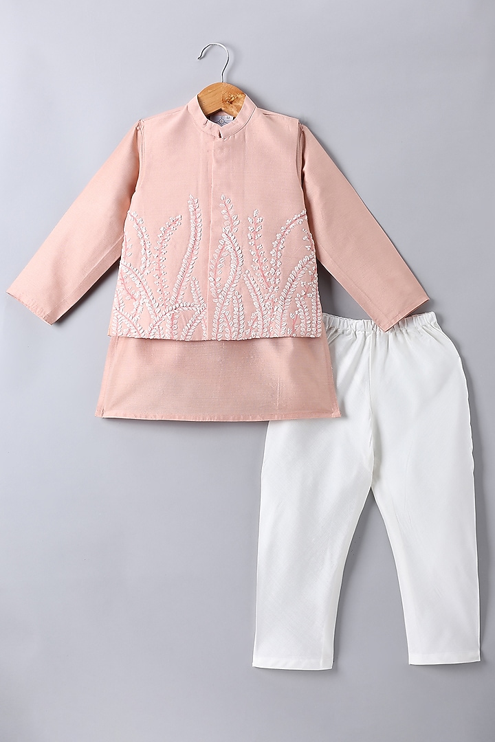 Peach Cotton Silk Hand Painted & Embroidered Nehru Jacket Set For Boys by LITTLE BRATS at Pernia's Pop Up Shop