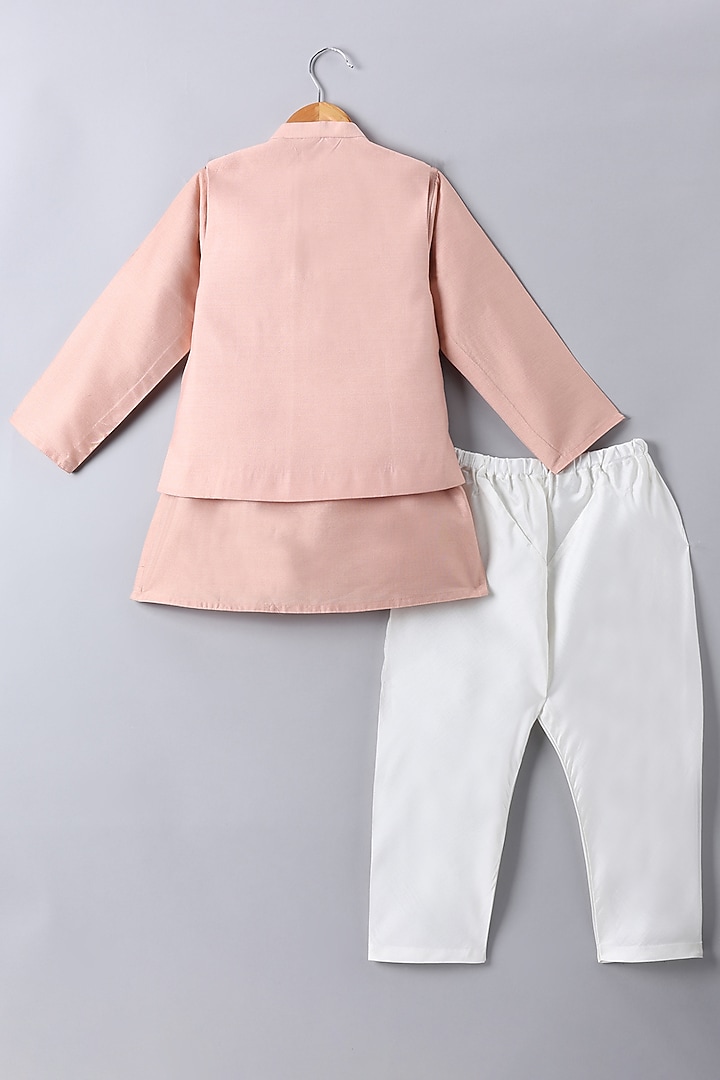 Peach Cotton Silk Hand Painted & Embroidered Nehru Jacket Set For Boys by LITTLE BRATS at Pernia's Pop Up Shop