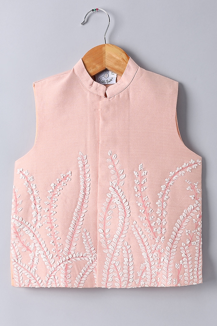 Peach Cotton Silk Hand Painted & Embroidered Nehru Jacket Set For Boys by LITTLE BRATS at Pernia's Pop Up Shop