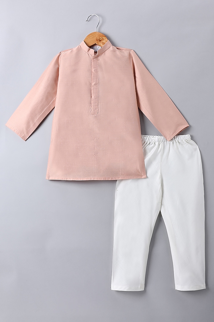 Peach Cotton Silk Hand Painted & Embroidered Nehru Jacket Set For Boys by LITTLE BRATS at Pernia's Pop Up Shop
