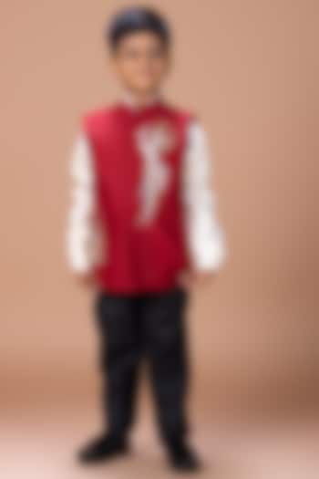 Maroon Cotton Blend Sequin Embroidered Nehru Jacket For Boys by LITTLE BRATS at Pernia's Pop Up Shop