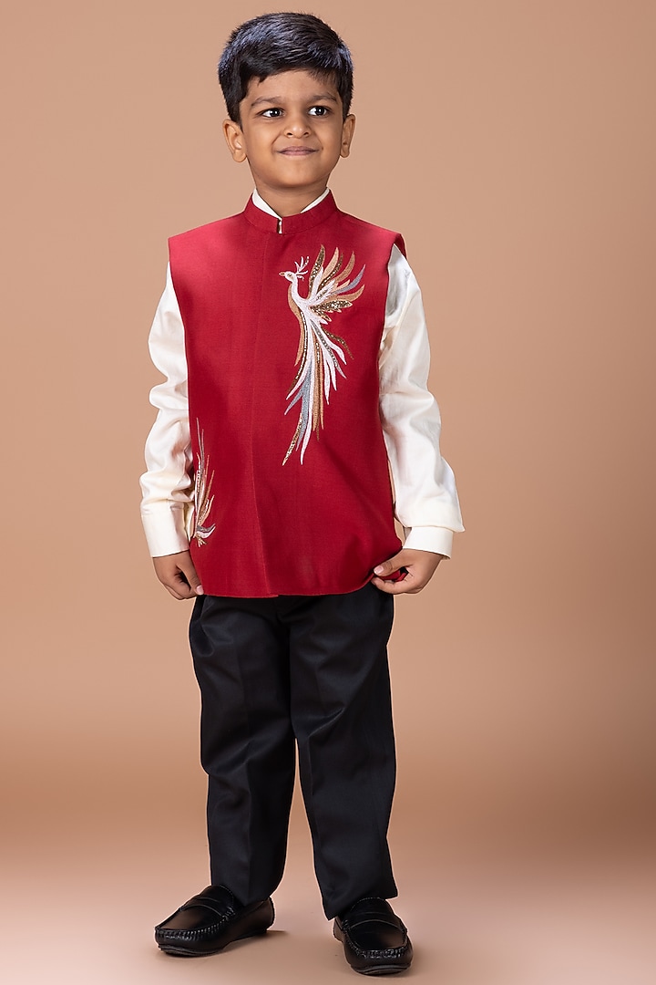 Maroon Cotton Blend Sequin Embroidered Nehru Jacket For Boys by LITTLE BRATS at Pernia's Pop Up Shop