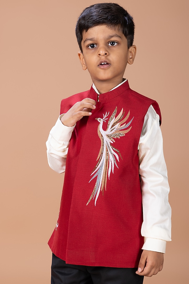Maroon Cotton Blend Sequin Embroidered Nehru Jacket For Boys by LITTLE BRATS at Pernia's Pop Up Shop