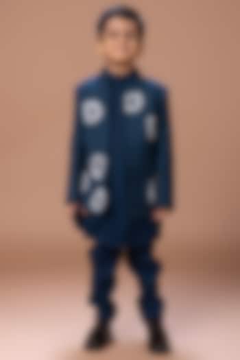 Dark Blue Silk Satin Thread Embroidered Kurta Set For Boys by LITTLE BRATS at Pernia's Pop Up Shop