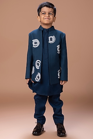Dark Blue Silk Satin Thread Embroidered Kurta Set For Boys by LITTLE BRATS